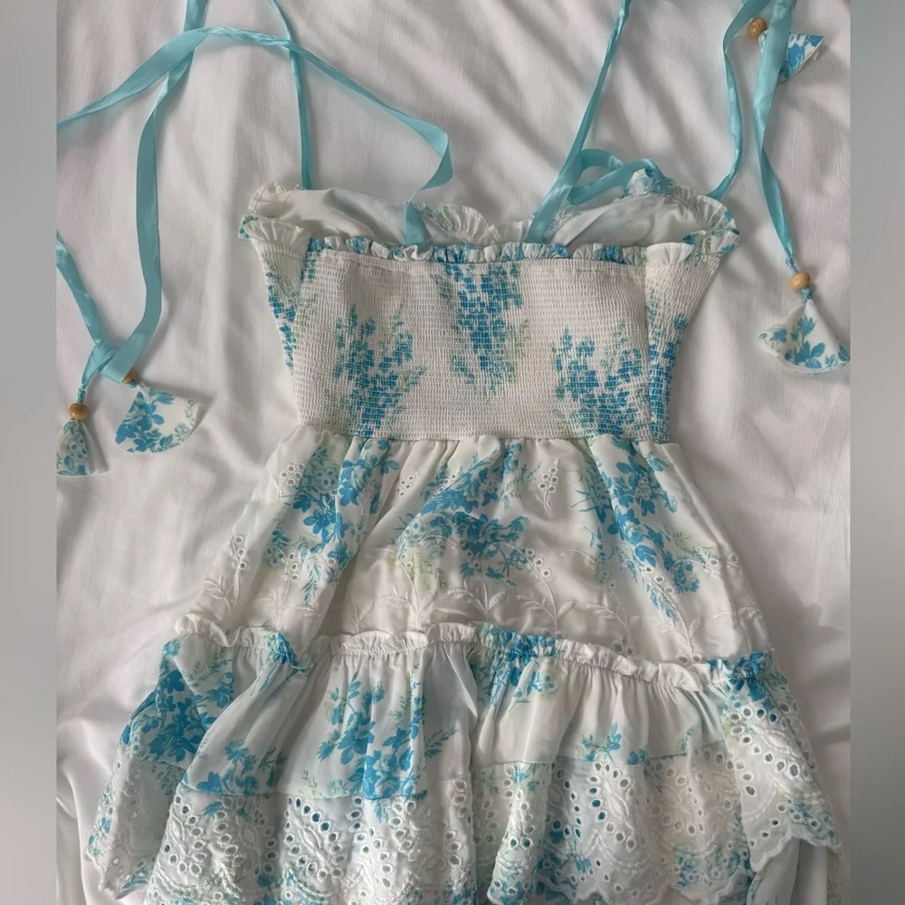 Blue & White Ruched Lace Ruffle Mini Dress w/ Beaded Ribbon Straps Size XS - Picture 2 of 2